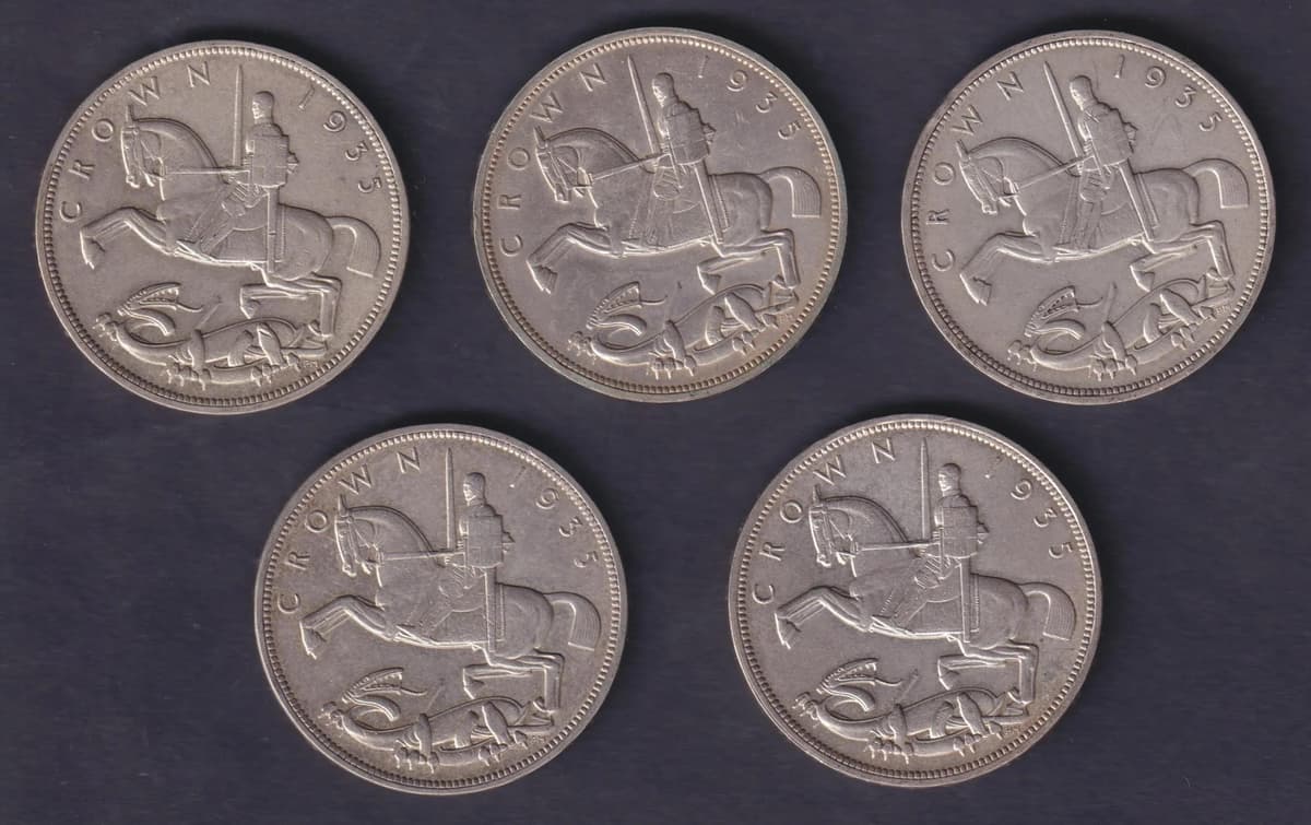 Group Of Five UK King George V 1935 Rocking Horse Silver Crowns F VF