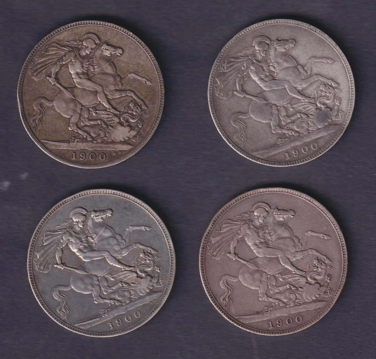 Group Of Four UK Queen Victoria 1900 Old Head Edge Year LXIV Silver Crowns Circulated